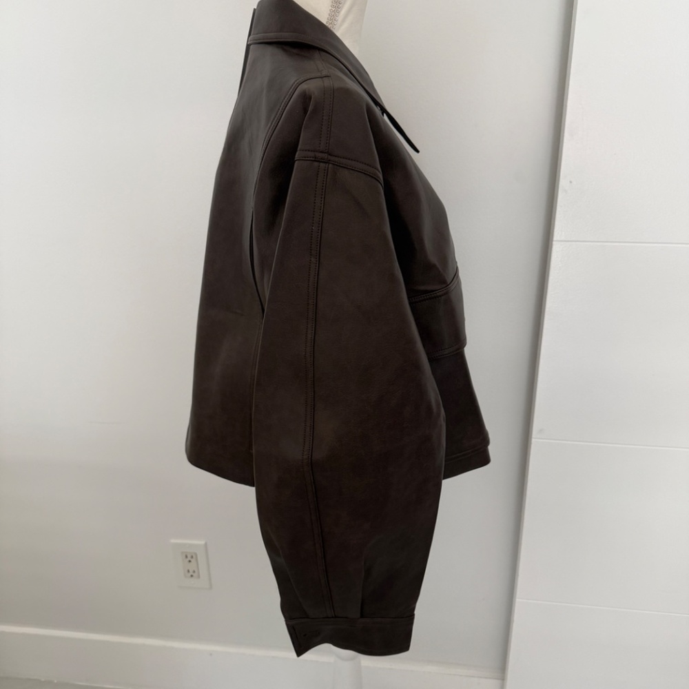 Pixie Market Brown Faux Leather Crop Bomber Patch Pocket Jacket NWT One Size - Picture 10 of 12